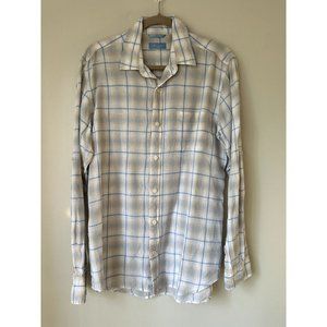 Toscano Aqua Mens M Medium White Blue Tan Plaid Button Down Dress Shirt 100% Lin